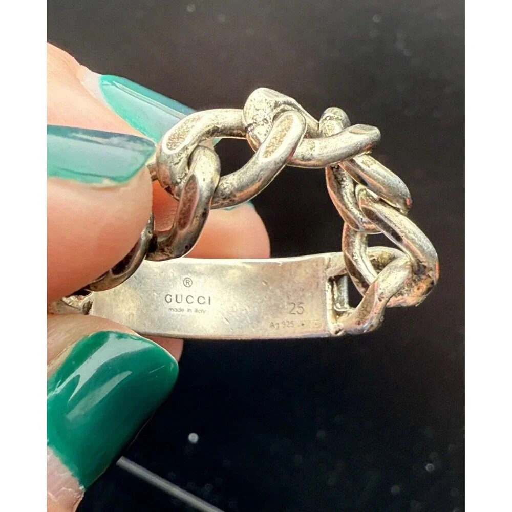 Gucci Logo Sterling Silver & Enamel Plaque Chain Ring Unisex Size IT25 US 11 NEW